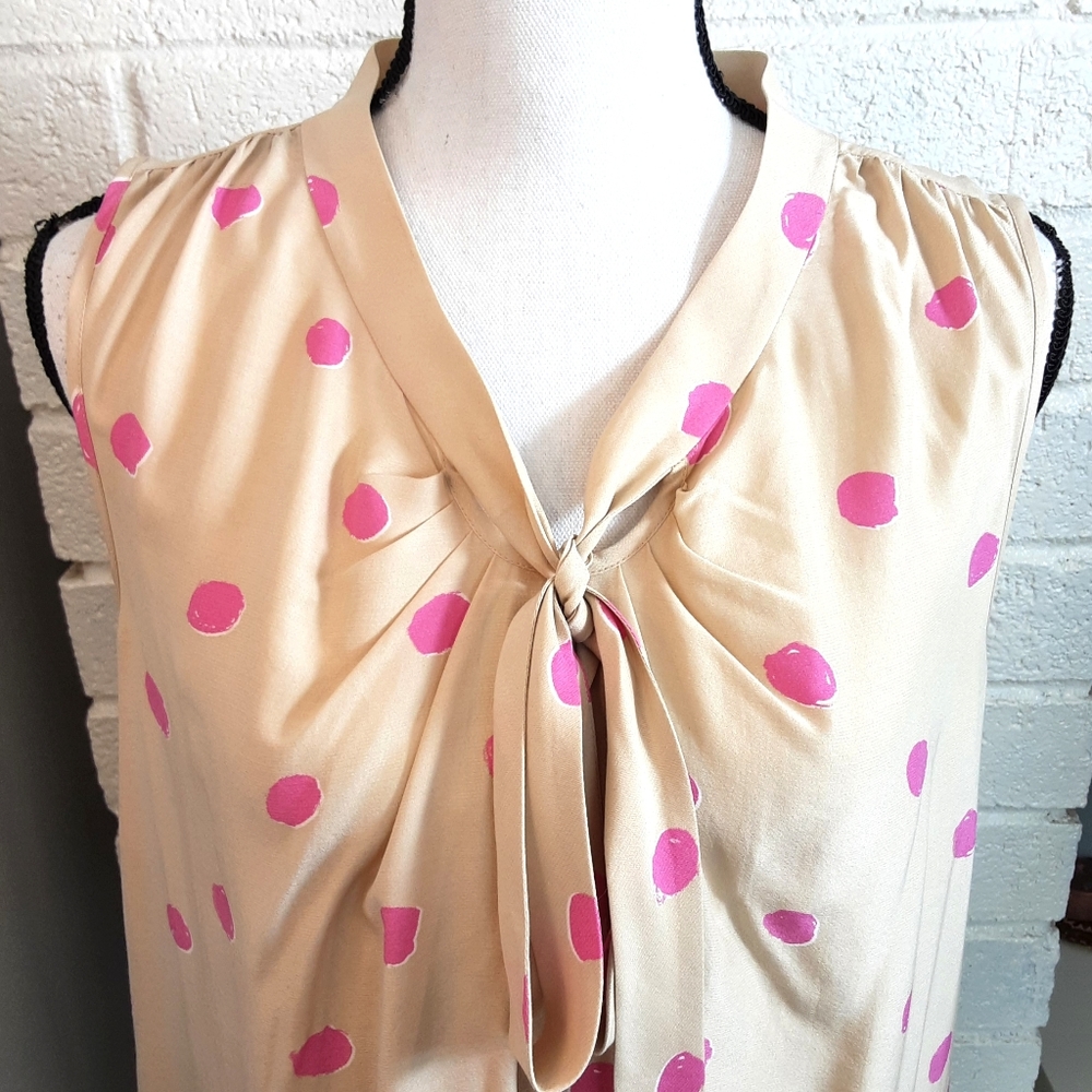 Kate Spade Cream Sleeveless Pink Polka Dot Neck Tie Silk Blend Top - Picture 4 of 9